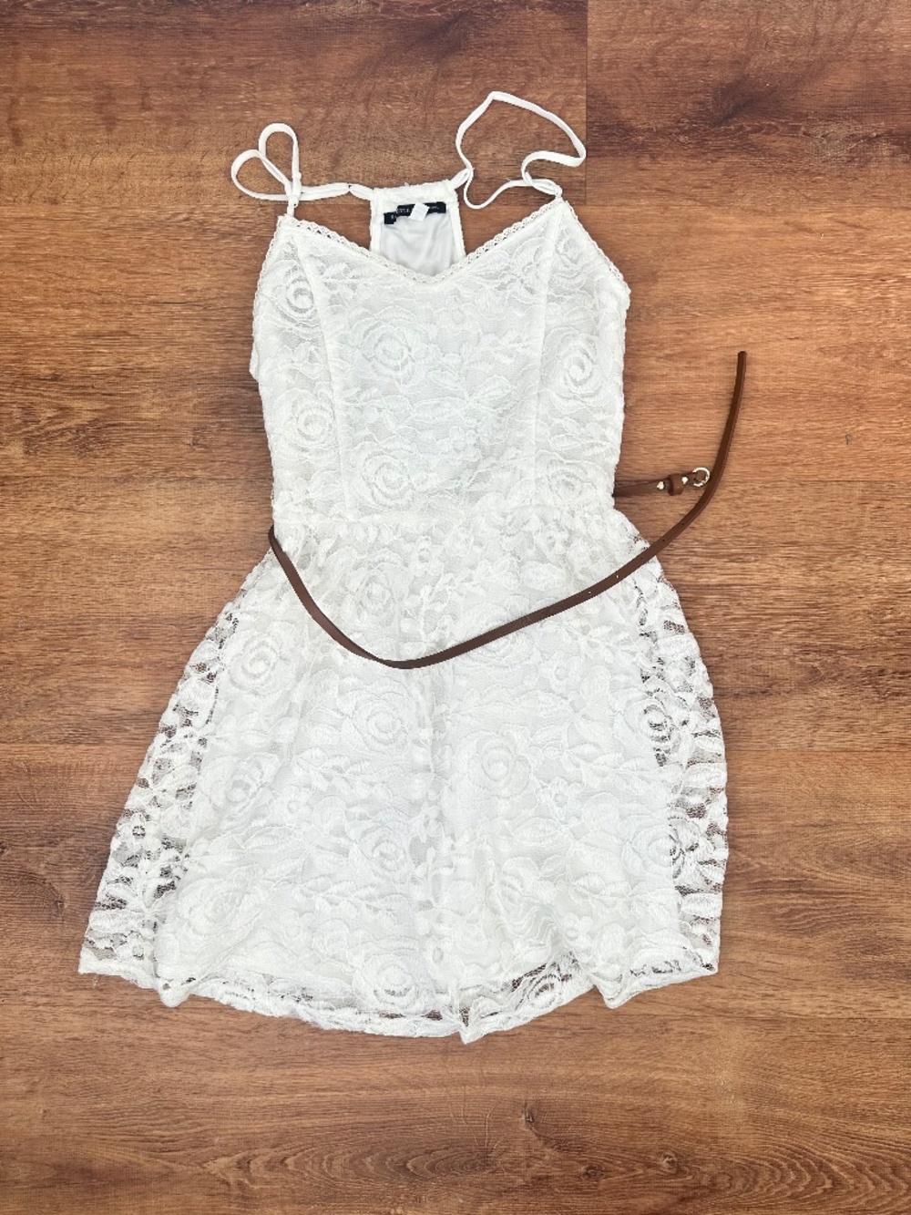 White lace dress with brown belt small